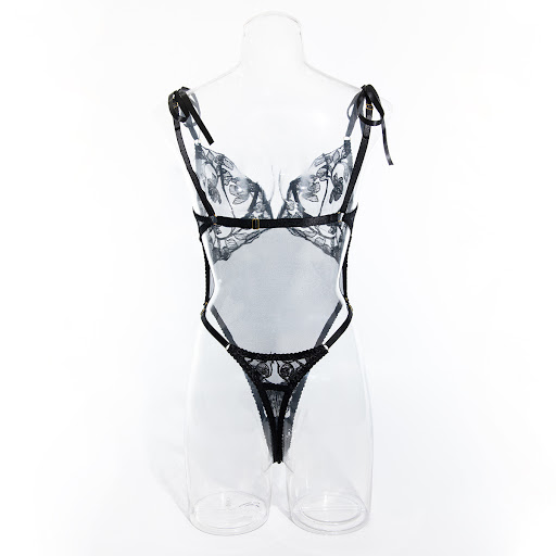 Title 11, V-neck Lace Embroidery Mesh Transparent Jumpsui...