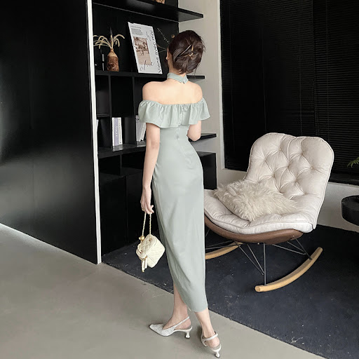 Title 21, Off-shoulder Ruffled Waist Pleated Slit Dress