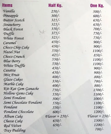 Z Bakers menu 