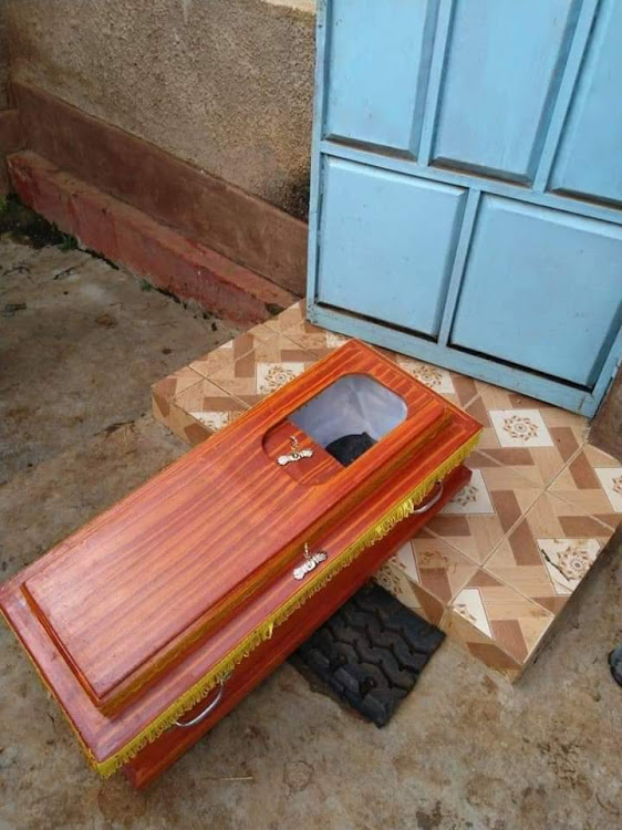 The coffin found outside Meschack Nyambati's house on Monday, August 12, 2019.