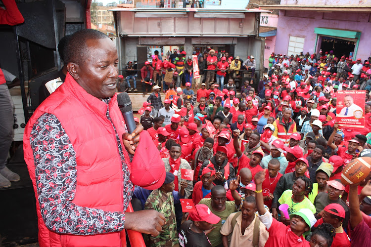 Murang'a governor aspirant Jamleck Kamau making his final submissions in Murang'a town on August 6, 2022.