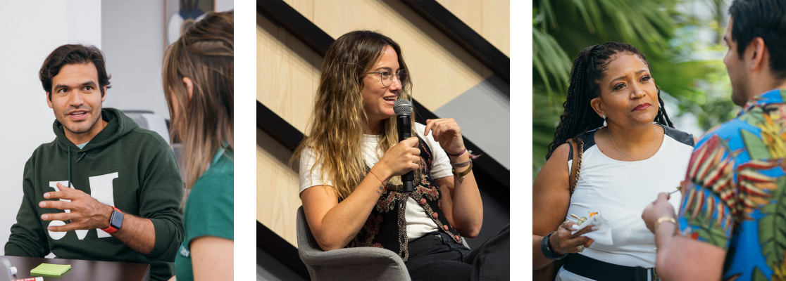 A guy discussing something with a girl; A girl speaking on the mic while sitting on a chair; A man and a woman talking with each other while eating