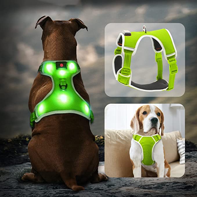 Domagiker Led Dog Harness - Bright No Pull Light Up Dog Harness, Adjustable Mesh Padded Glowing Dog Harness, Reflective Vest Safety Dog Lights for Small, Medium, Large Dogs Camping & Walking