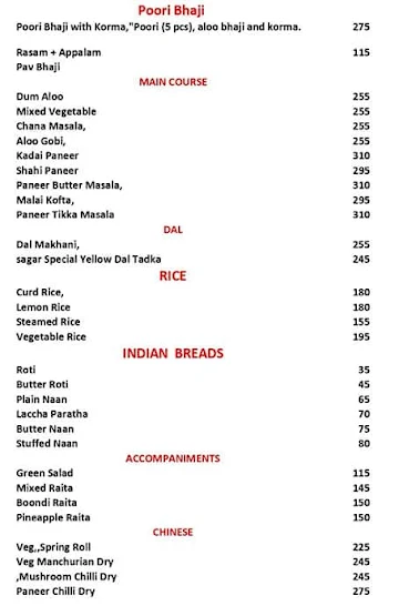 Sagar Ratna menu 