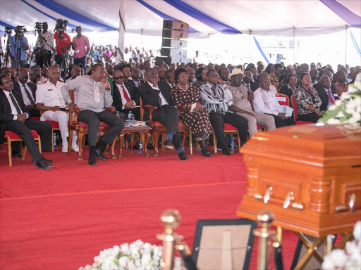 President Uhuru Kenyatta, Deputy President William Ruto, Governor Charity Ngilu among leaders who joined Family, Friends and Mourners of Hon. Kalonzo Musyoka during the burial service of his father the late Mzee Peter Musyoka Mairu at the deceased home in Tseikuru, Kitui County. /PSCU