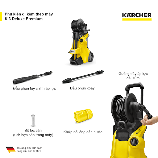 Máy xịt rửa xe Karcher K3 Deluxe Premium động cơ từ công suất 1600w áp lực 20-120 bar, lưu lượng nước 380l/h