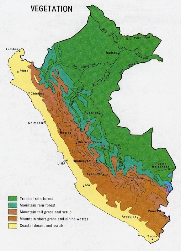 physical map of peru showing the vegetation climate geography and landscape of peru