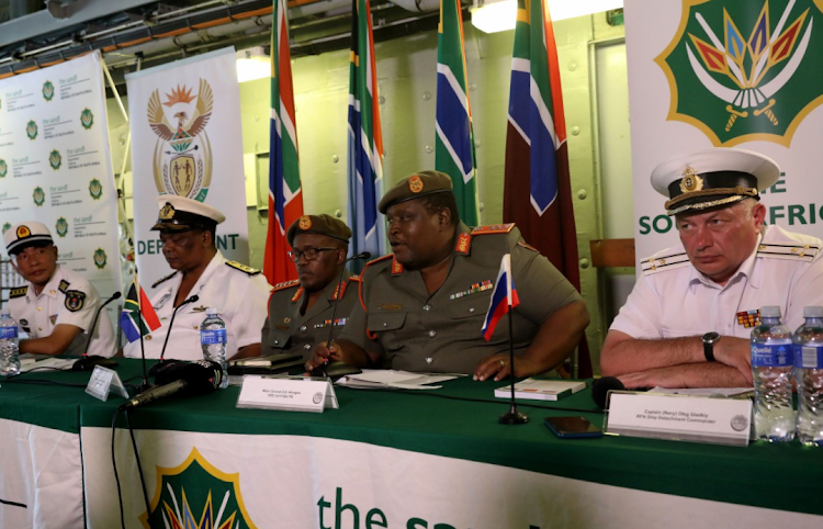 China People's Liberation Navy captain Sun Honglin, South African Navy rear admiral B.K Mhlana, SA Army Lt-Gen S.L Sangweni, SA Navy Maj-Gen S.G Hlongwa and Russian Federation Navy captain Oleg Gladkiy at a media briefing for Exercise MOSI II at Richard's Bay in KZN.