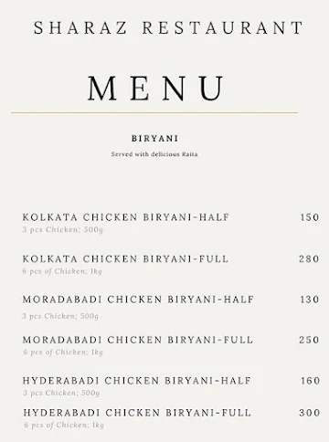 Sharaz Restaurant menu 