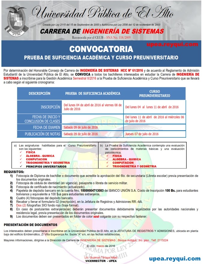 Ingeniería de Sistemas UPEA II/2016: Convocatoria a prueba de suficiencia académica y curso preuniversitario