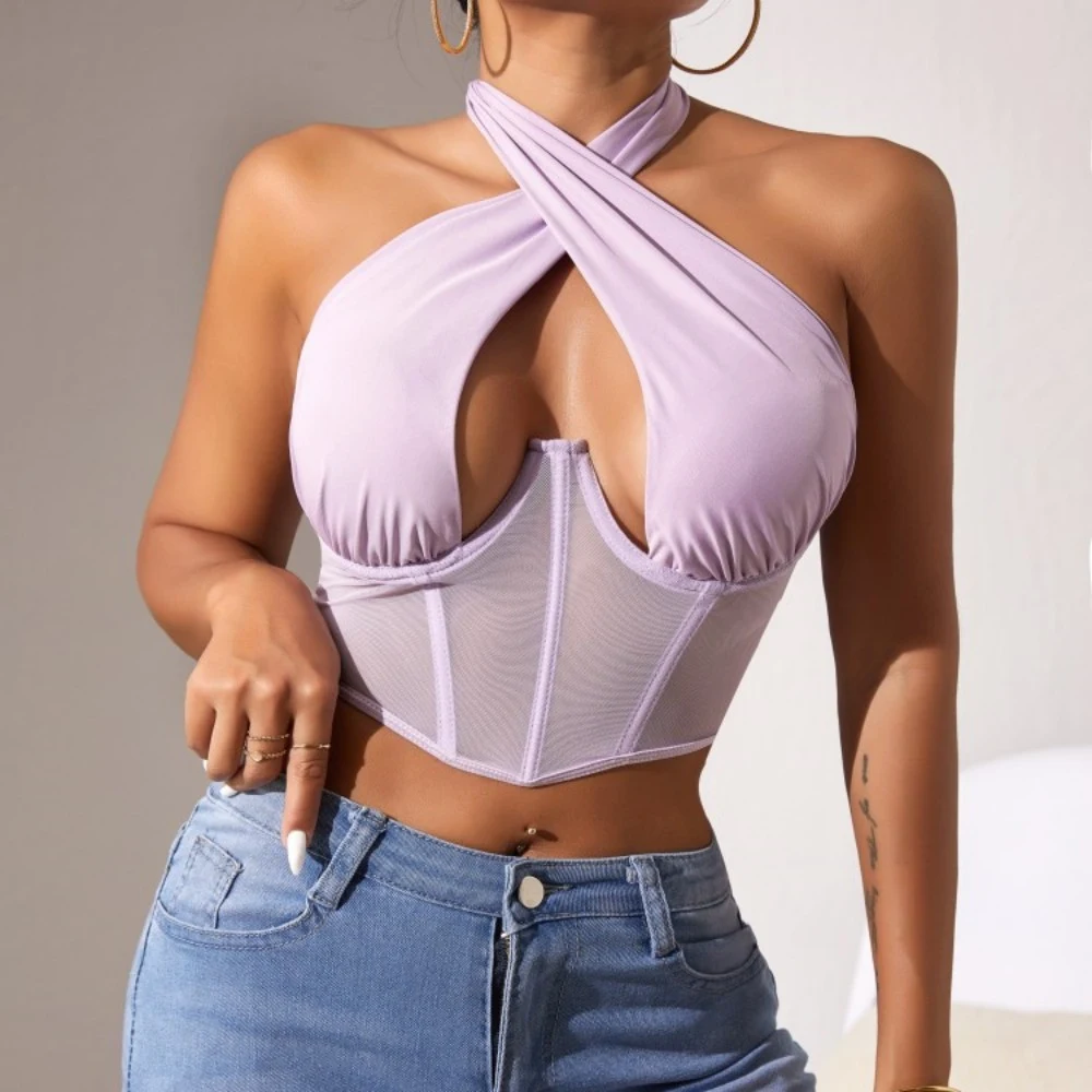 Title 17, Top Stitching Mesh transparante cross-halternec...