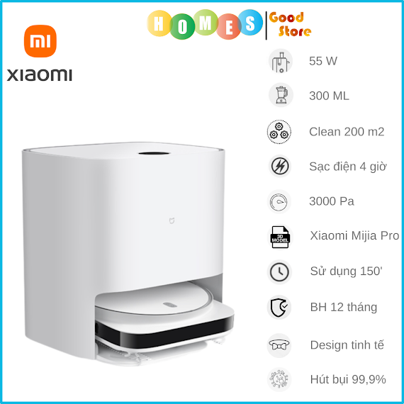 Robot Hút Bụi Lau Nhà Xiaomi Mijia Pro Tự Động Giặt Giẻ Sấy Khô Và Khử Khuẩn Tia Uv, Kết Nối App Mihome Diện Tích Hoạt Động 200M2 Công Suất 55 W - Hàng Nhập Khẩu