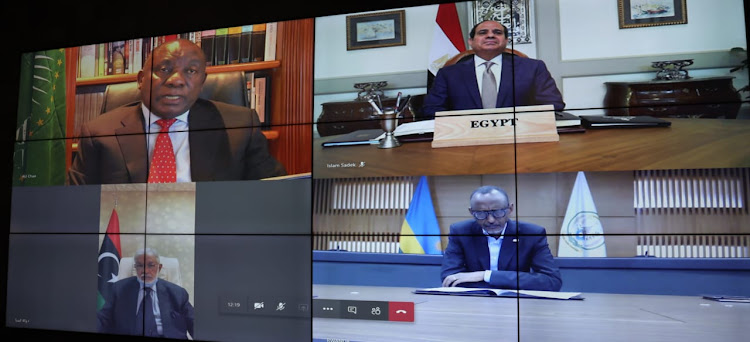 Some of the African leaders during a virtual meeting of the African Union Bureau of the Assembly with the Chairpersons of the Regional Economic Communities.