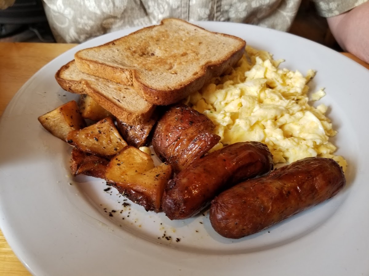 My husband had scrambled eggs, hashbrowns and sausage.