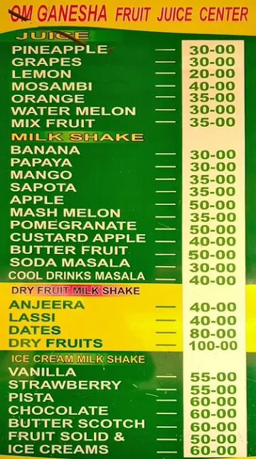 Om Ganesha Fruit Juice Centre menu 