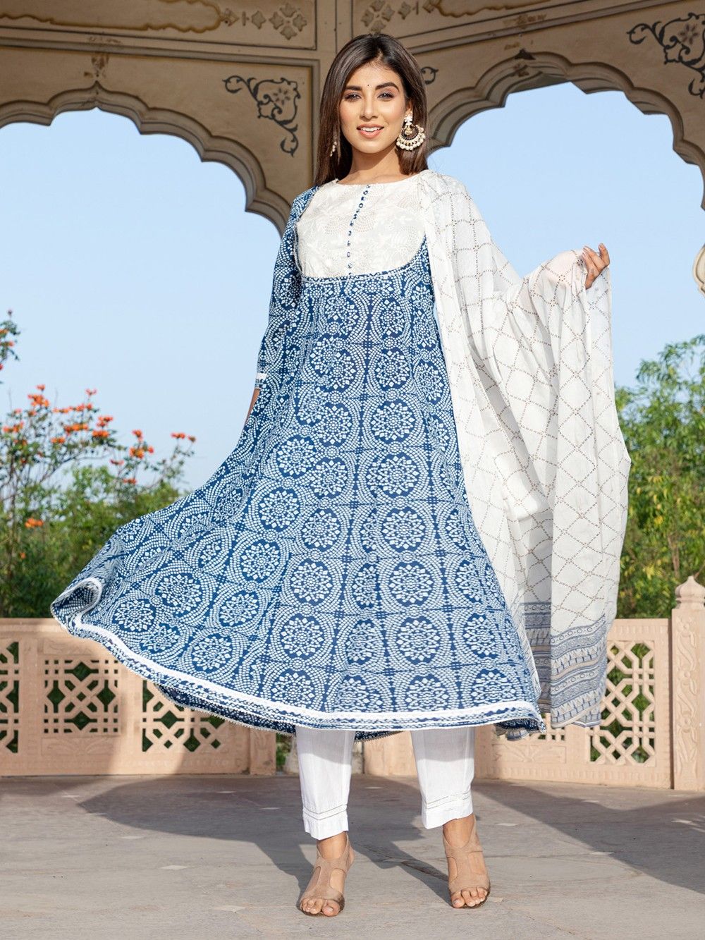the loom - Blue Bandhani Cotton Chikankari Anarkali Kurta