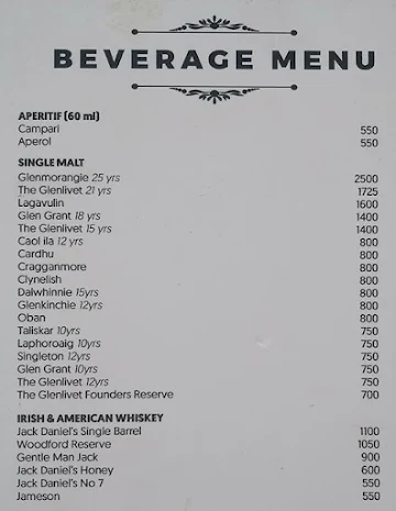 The Roof Top Lounge menu 