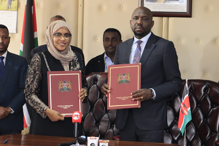 Roads and Transport Cabinet secretary Kipchumba Murkomen with his Somalia counterpart Fardowsa Osman Egal when they signed the Bilateral Air Services Agreement (BASA) at Transcom house on August 9, 2023