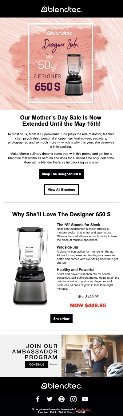 Mother's Day blender promotion email