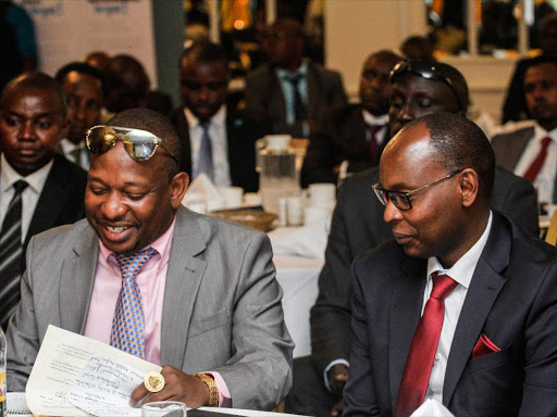 Nairobi County Governor Mike Sonko with Lands,Housing and Urban Planning County executive Charles Kerich during the County Stakeholders meeting in Nairobi on February 12,2019. /Enos Teche.