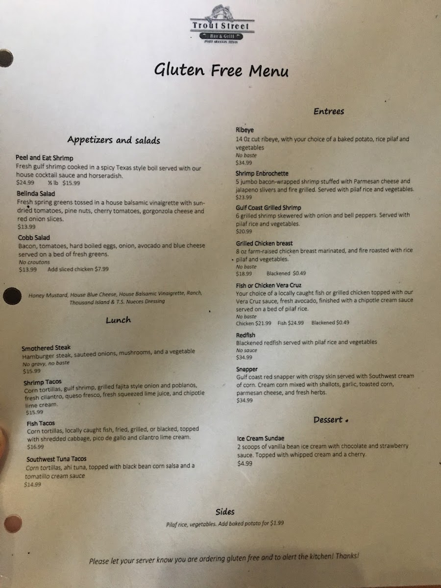 Trout Street Bar & Grill gluten-free menu