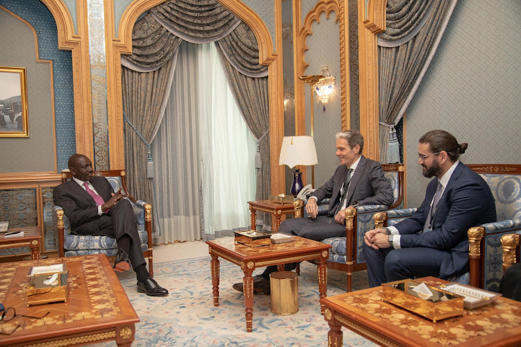 President William Ruto in a discussion with PepsiCo's CEO for Africa, Middle East and South Asia, Eugene Willemsen in Saui Arabia on October 24, 2023