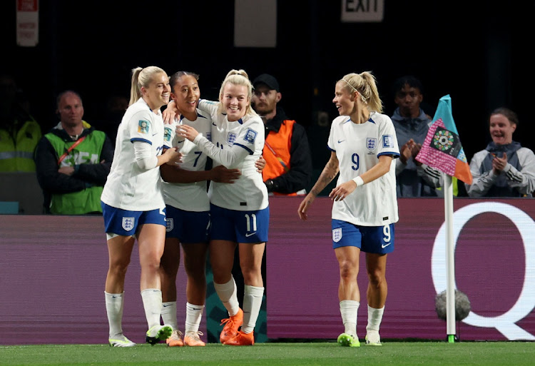 England's Lauren James celebrates scoring their fourth goal with teammates Rachel Daly, Lauren Hemp and Alessia Russo in their Women’s World Cup group D match against China at Hindmarsh Stadium in Adelaide, Australia on August 1 2023.