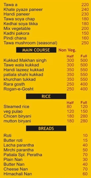 The Patiala menu 