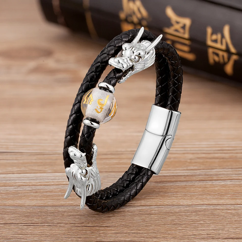 Pulseira Torneira Chinesa Dupla Camada com Cordão de Couro Trançado Design Exclusivo Elegância e Sofisticação Joia Masculina Única