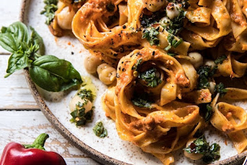 Roasted Red Pepper Pasta with White Beans and Basil