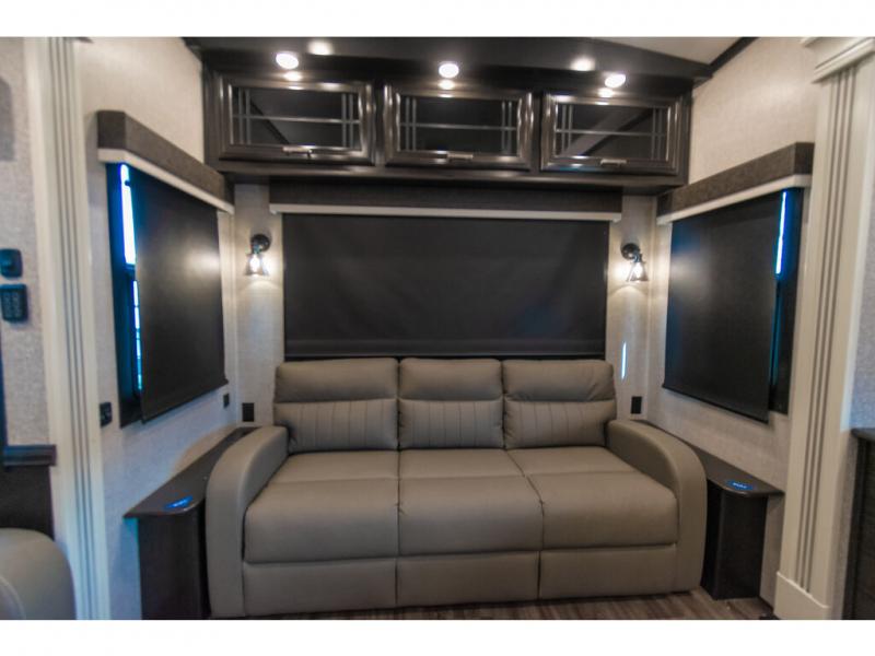 Sofa in the Jayco Pinnacle fifth wheel