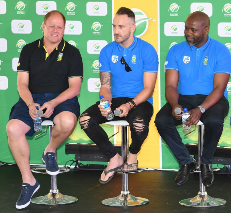 Cricket South Africa (CSA) head of marketing Clive Eksteen (L), Proteas captain Faf du Plessis (C) and CSA chief executive Thabang Moroe (R) during the season launch of the 2018/2019 season at SuperSport Park on September 04, 2018 in Pretoria.