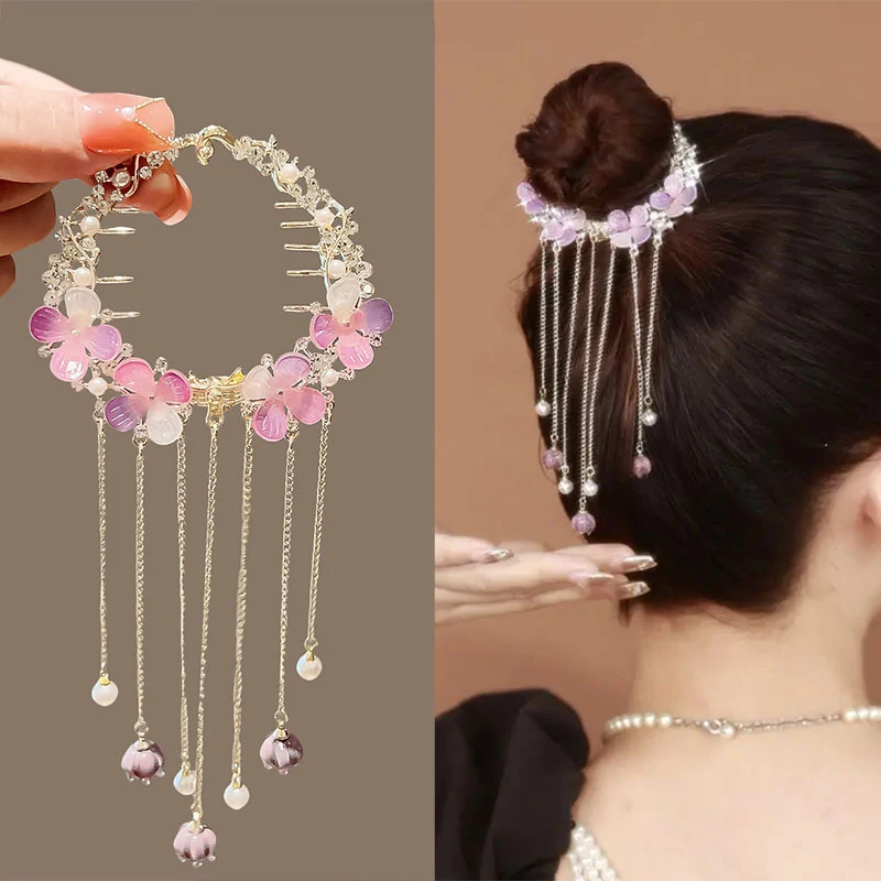 Fermaglio per capelli con nappa a fiore in ametista di lusso leggero, per un tocco elegante e sofisticato, perfetto per occasioni speciali.