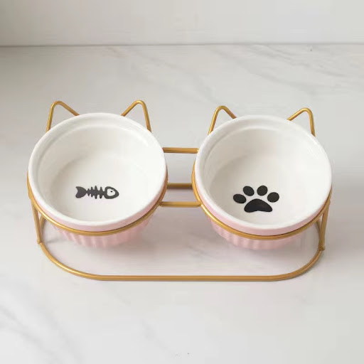 Title 3, Ceramic Double Cat Bowl Water Bowl Tall Diagona...