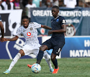 Monnapule Saleng of Orlando Pirates challenges Abel Mabaso of Richards Bay FC during DStv Premiership 2022/23 match between  Richards Bay FC and Orlando Pirates on 01 April 2023 at King Zwelithini Stadium.