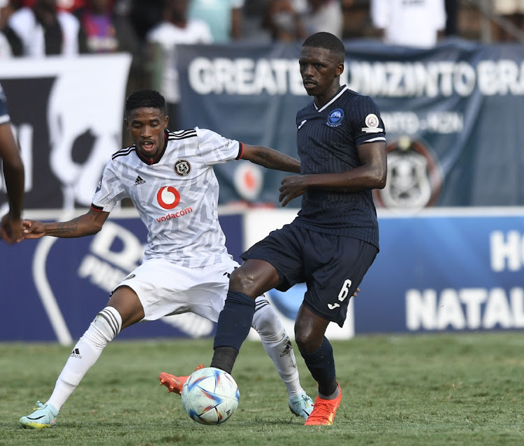 Monnapule Saleng of Orlando Pirates challenges Abel Mabaso of Richards Bay FC during DStv Premiership 2022/23 match between Richards Bay FC and Orlando Pirates on 01 April 2023 at King Zwelithini Stadium.