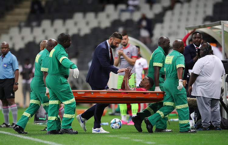 Bernard Parker of TS Galaxy leaves the field on a stretcher after being injured during the 2023 Carling Knockout Cup last-16 match against Mamelodi Sundowns at Mbombela Stadium on October 18 2023.