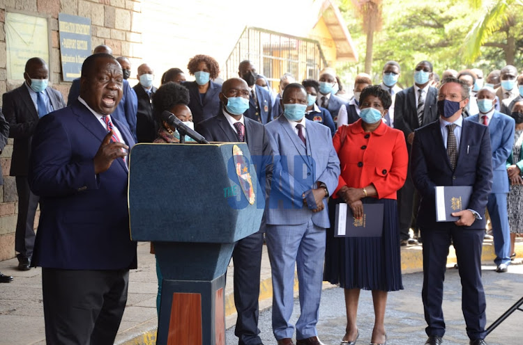 Interior CS Dr. Fred Matiang’i during the launch of a Rapid Response Initiative (RRI) for processing Kenyan citizenship and permanent residence at Nyayo House, Nairobi on May 26, 2021.