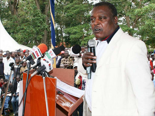 Lugari MP. Cyrus Jirongo addressing a rally at Mbale municipal council in Vihiga County recently. Photos by Samuel Simiti.