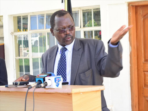 west pokot governor John Lonyangapuo addressing media this morning outside his office in Kapenguria on November 9,2017 ./MARYANNE CHAI