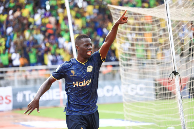 Stephane Aziz Ki of Young Africans celebrates a goal during the Caf Confederation Cup 2022/23 semifinal first leg against Marumo Gallants at the National Stadium in Dar es Salaam, Tanzania, on Wednesday.