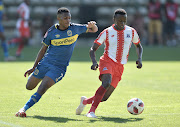 Gift Links of Cape Town City and Siphesihle Ndlovu of Maritzburg United during the Absa Premiership 2018/19 game between Cape Town City and Maritzburg United at Athlone Stadium in Cape Town on 23 February 2019.