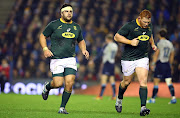 Frans Malherbe and Steven Kitshoff of South Africa during the Castle Lager Outgoing Tour match between Scotland and South Africa at BT Murrayfield on November 17 2018 in Edinburgh, Scotland. 