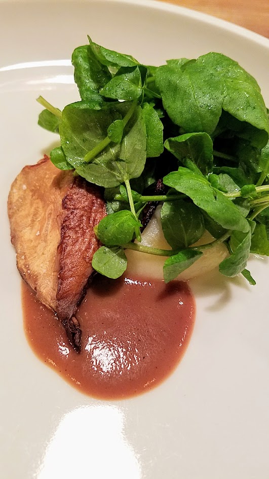 Farm Spirit 7:45 PM seating on December 16th dinner: Pan roasted Abalone mushroom with potato puree, red onion sauce, and watercress.