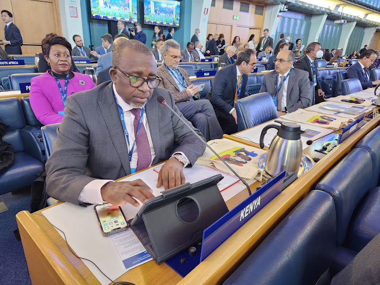 Agriculture and Livestock Development CS Mithika Linturi at the ongoing 46th session of the International Fund for Agricultural Development (IFAD) Governing Council meeting in Rome, Italy on February 14, 2023.