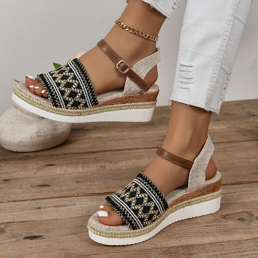 Title 4, Large Size Flat Bottom Wedge Sandals with Ankle...