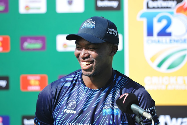 Lungi Ngidi of the Momentum Multiply Titans during the Betway T20 Challenge match between Momentum Multiply Titans and Dafabet Warriors at Hollywoodbets Kingsmead Cricket Stadium on February 24, 2021 in Durban, South Africa.