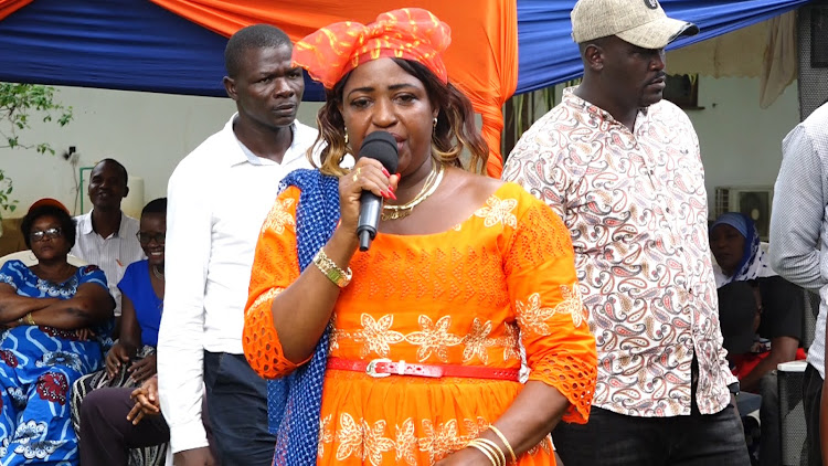 Kilifi Woman Representative Gertrude Mbeyu during the Azimio la Umoja rally in Malindi on Saturday.