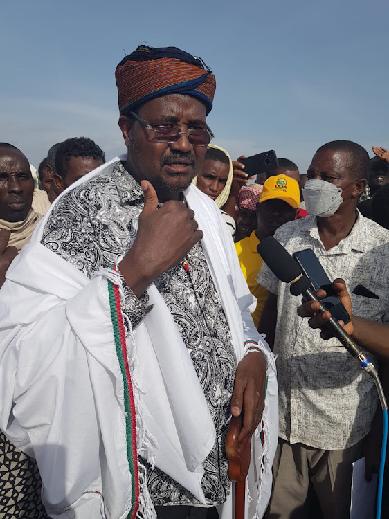 Bura MP Ali Wario speaking to the press after being endorsed as the Orma community's sole candidate to contest for the Tana River governor seat.