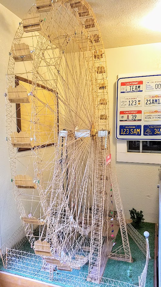 8 foot high Ferris wheel crafted out of 250,000 toothpicks in 10 months as part of a toothpick circus by prisoner Billy Burk. The ferris wheel at least is on display at the Folsom Prison Museum